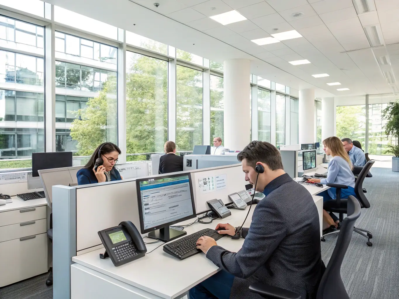 Employees using Mitel telephony systems in a modern office.