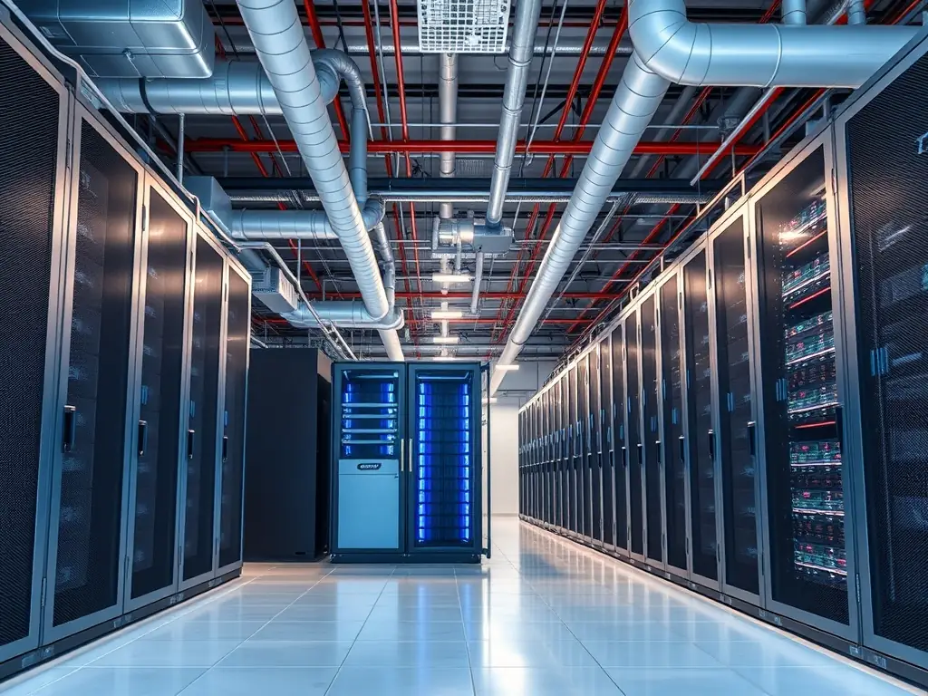 A modern data center with advanced cooling systems and heavy-duty racks.