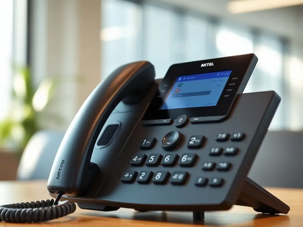 Close-up of a Mitel telephone system.