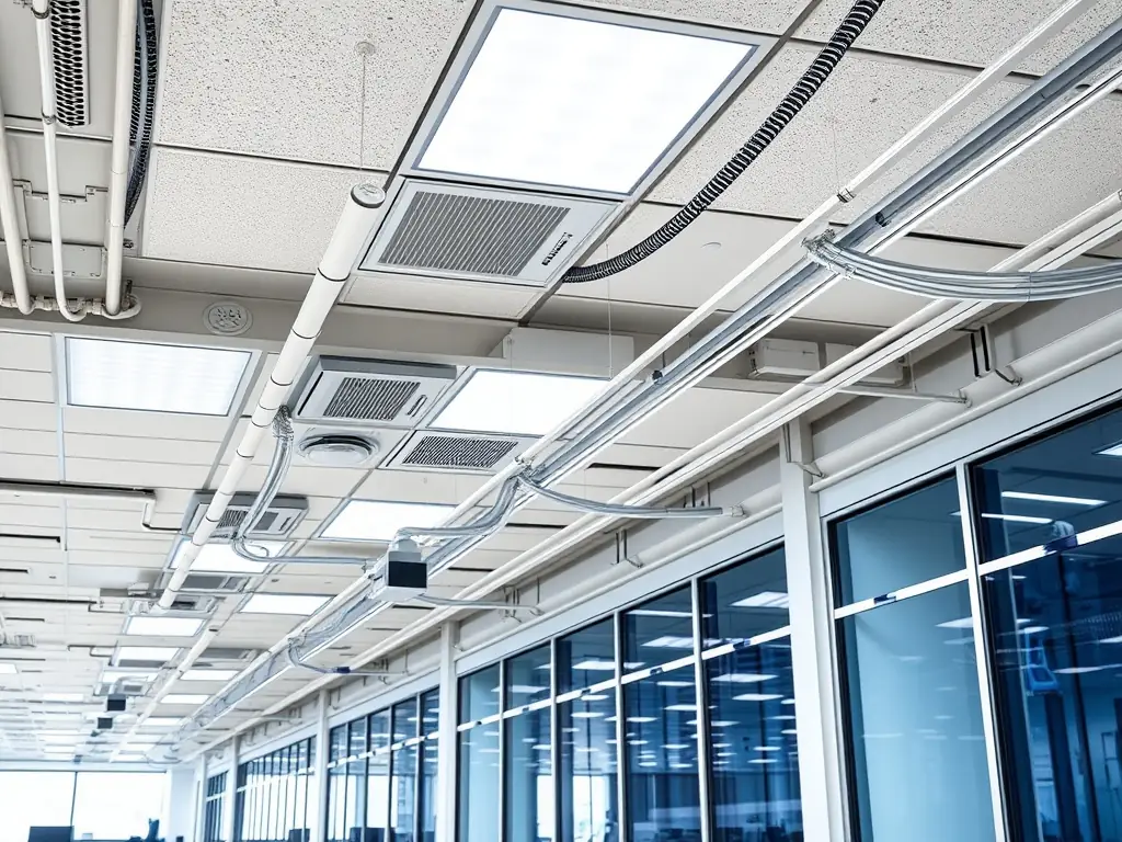 A modern office space with structured network cabling, showcasing organized and efficient cable management for high-speed data connectivity.