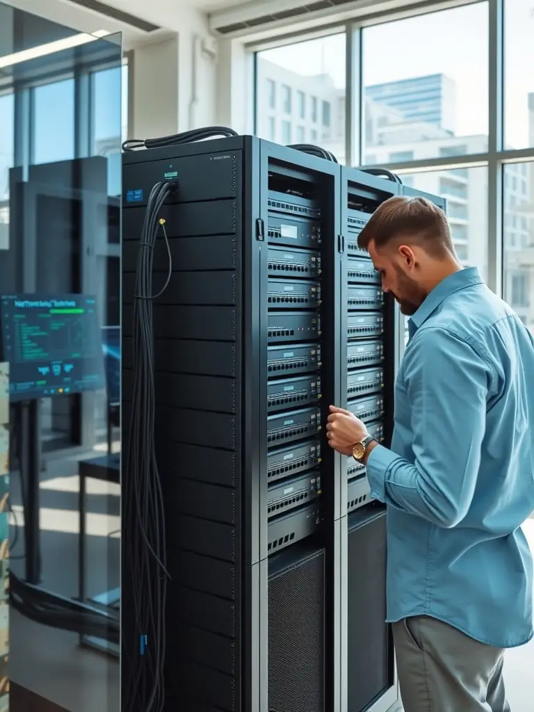 A structured network cabling installation in a modern office, showcasing neatly arranged cables and patch panels, highlighting Netexpress's expertise in creating organized and efficient network infrastructures.