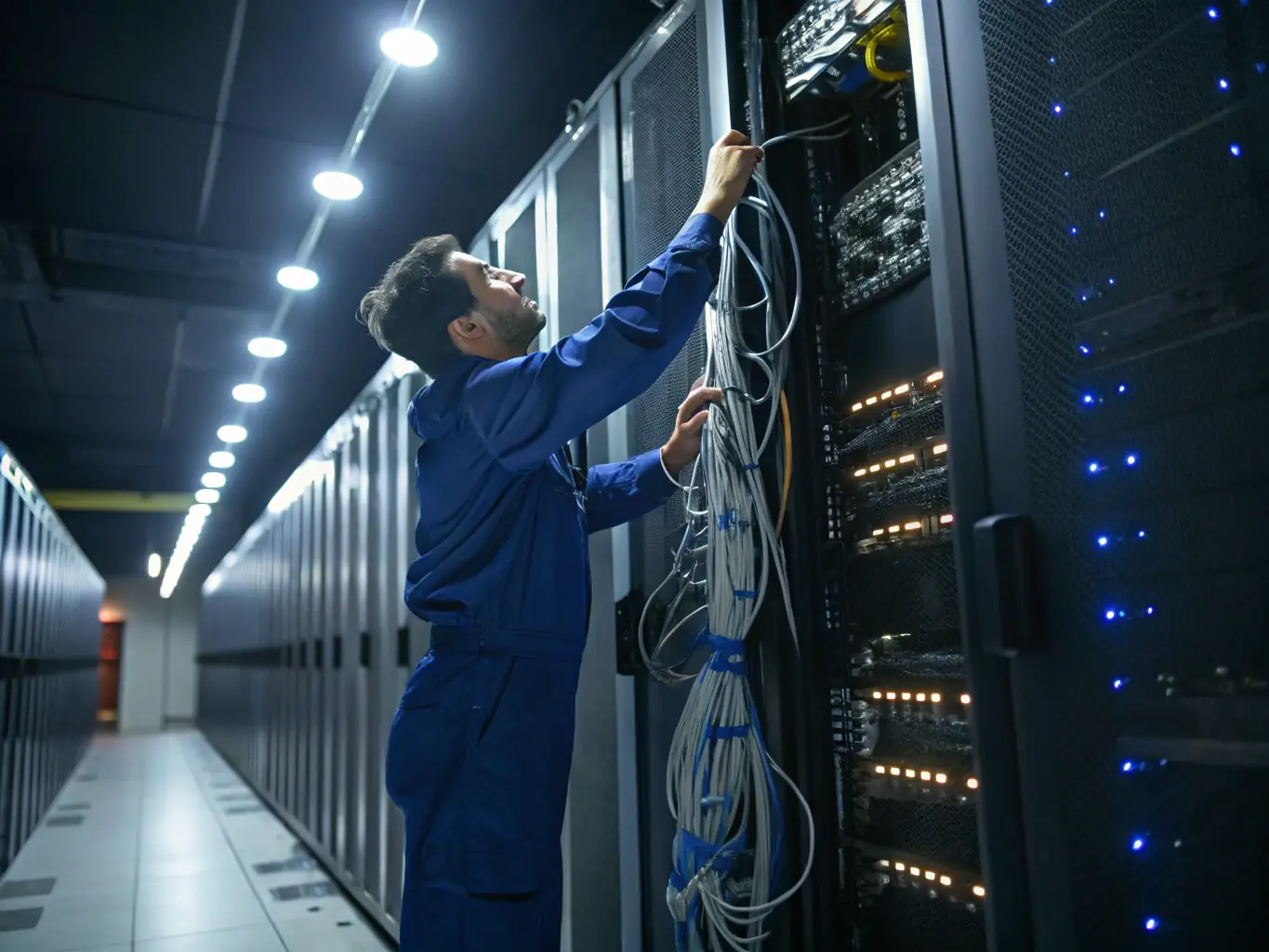 A technician installing structured cabling in a commercial building, demonstrating Netexpress's proficiency in network infrastructure setup and management.