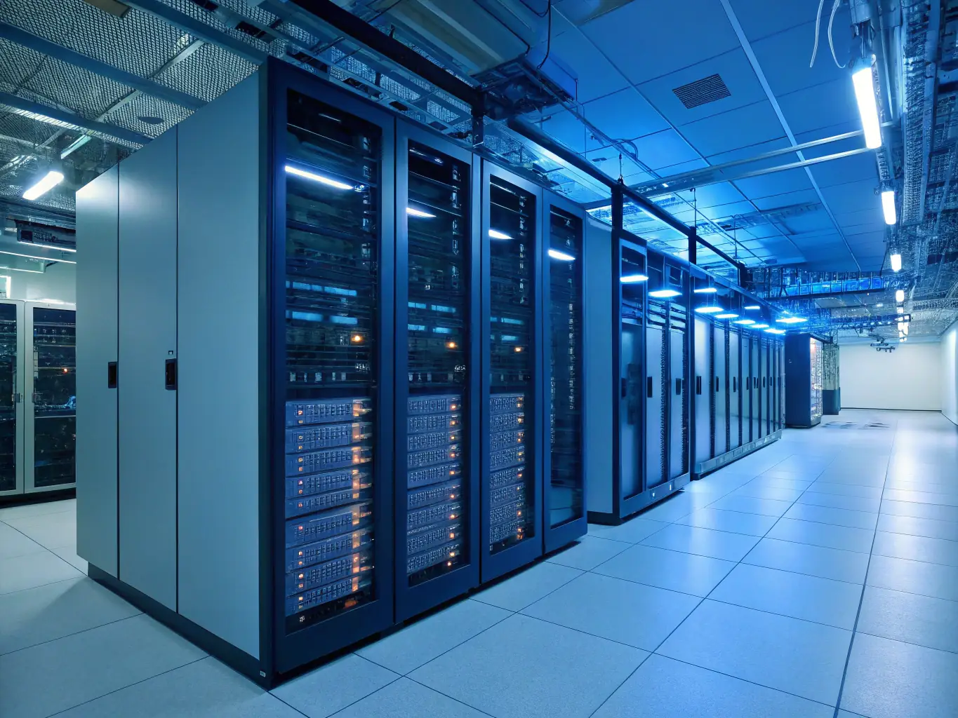 A secure data center environment with rows of servers, cooling systems, and security cameras, emphasizing the security and reliability of Netexpress's data center solutions.