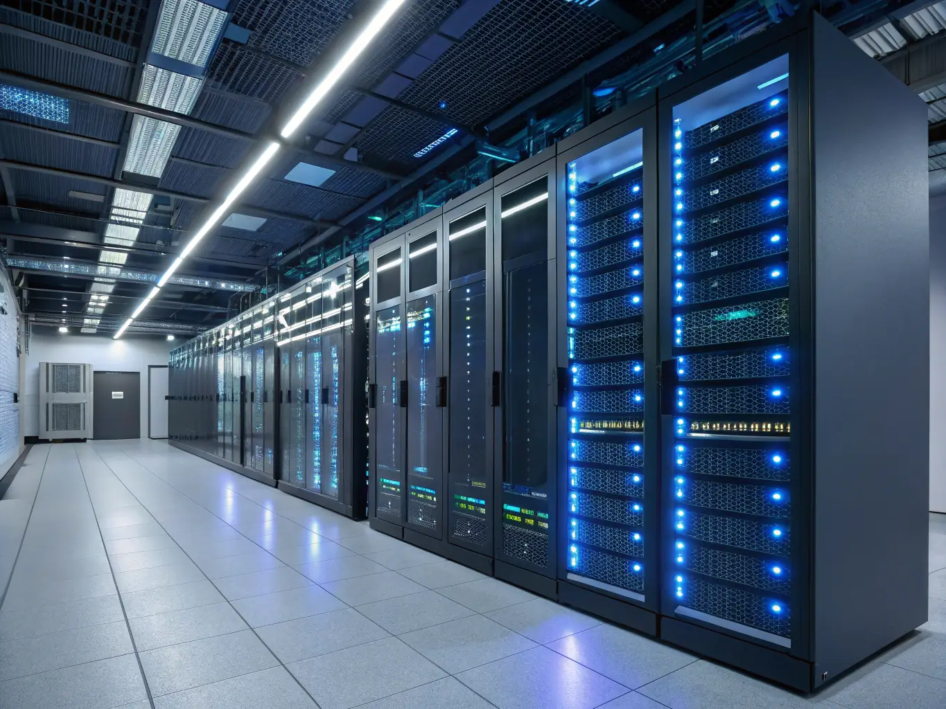 A modern office data center with neatly arranged server racks, showcasing advanced cooling and power management systems, reflecting Netexpress's expertise in data center solutions.