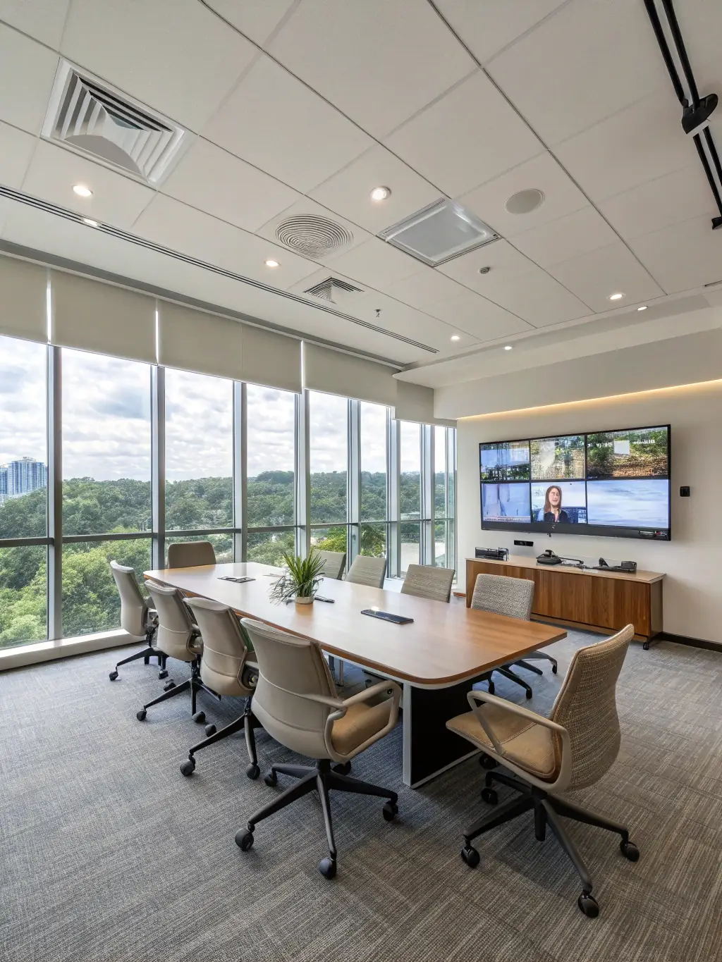 A smart conference room setup with video conferencing equipment, highlighting Netexpress's smart conference room solutions.