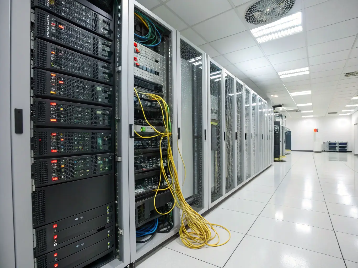 A well-organized data center with rows of servers, efficient cable management, and advanced cooling systems, illustrating Netexpress's expertise in building and managing data center infrastructure.