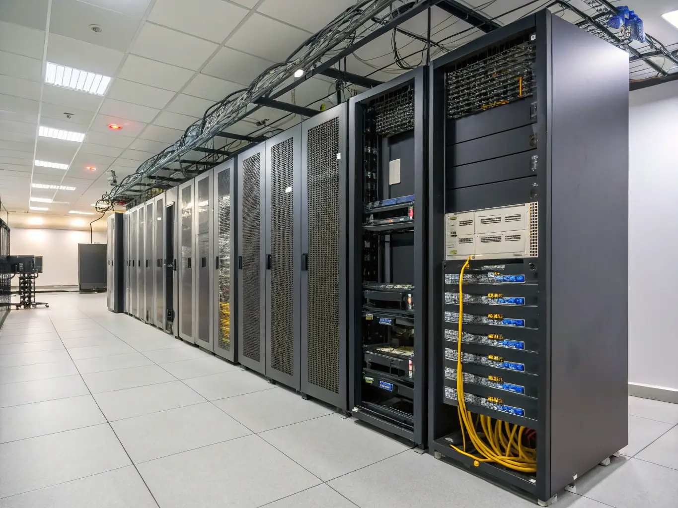 A modern office data center with structured cabling, servers, and networking equipment, highlighting the organized and efficient infrastructure provided by Netexpress.