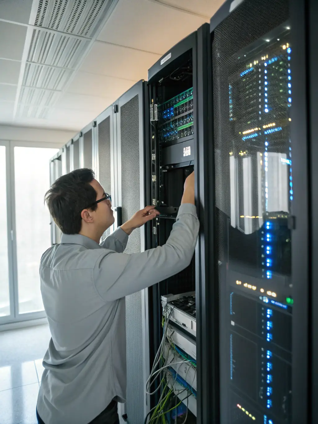 A professional IT technician working diligently at a server rack in a modern data center, showcasing Netexpress's commitment to reliable infrastructure.