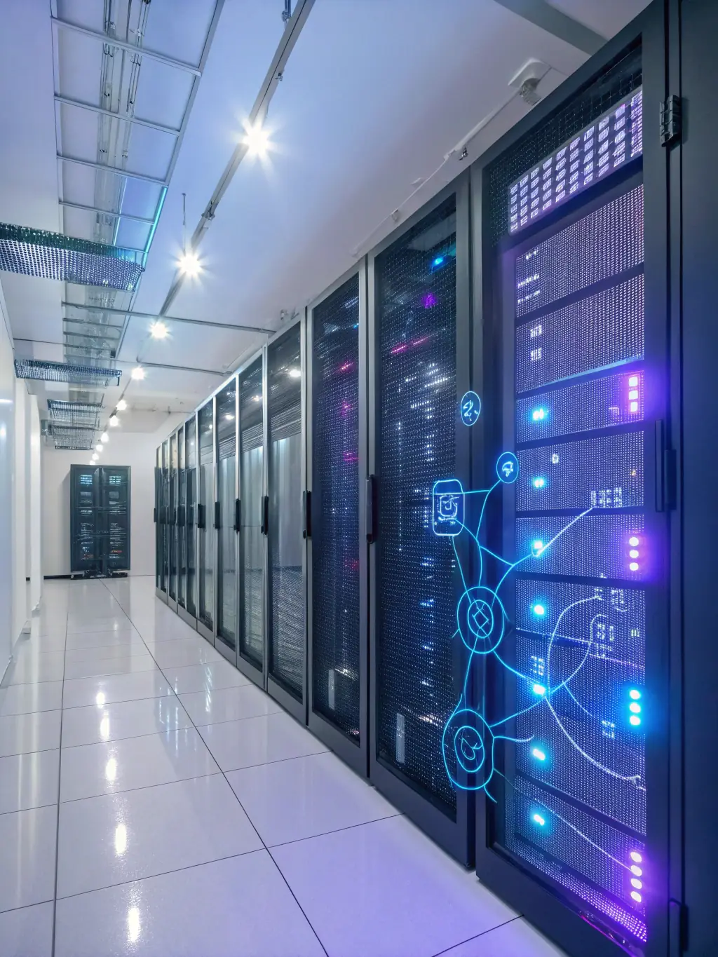 A small, well-organized data center with APC UPS systems, servers, and cooling equipment, illustrating Netexpress's ability to design and implement efficient and secure data storage solutions.