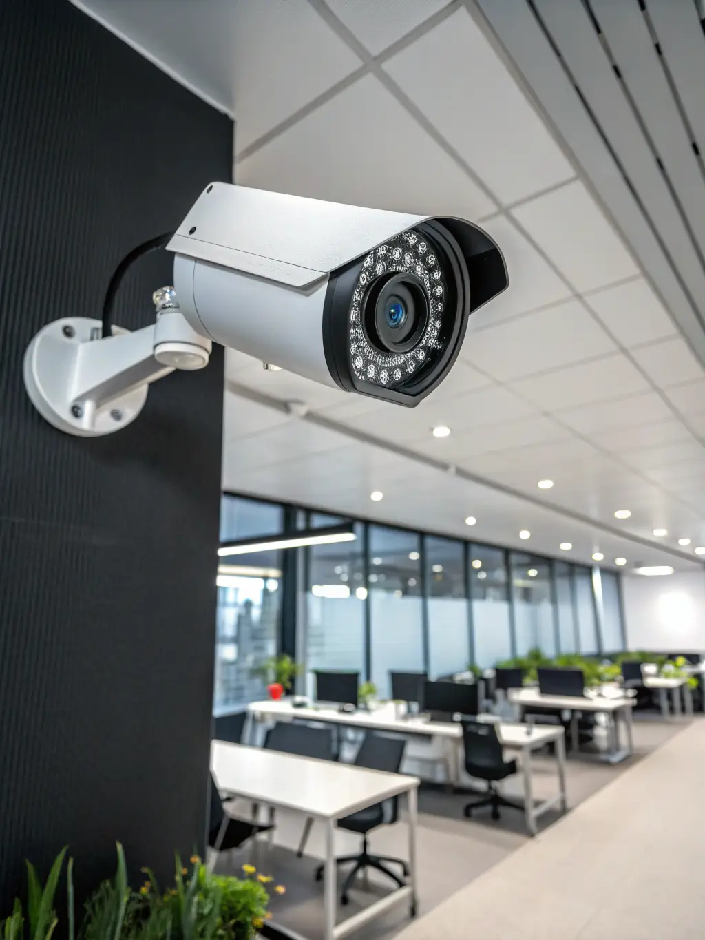 A modern office equipped with CCTV surveillance cameras and access control systems, emphasizing the security features and integration, reflecting Netexpress's expertise in office security solutions.