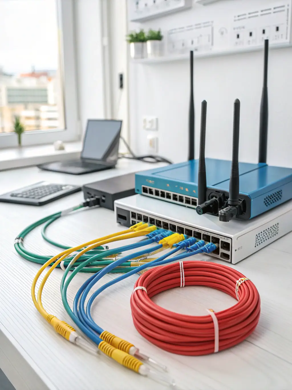 A professional installation of structured network cabling in a modern office environment, showcasing organized and labeled cables, with a focus on neatness and efficiency, reflecting Netexpress's expertise in network infrastructure.