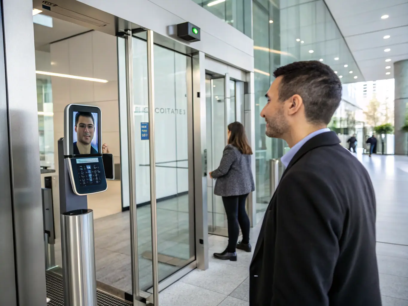 A modern office entrance featuring a sleek access control system with a biometric scanner and a security guard ensuring only authorized personnel can enter, symbolizing enhanced office security.