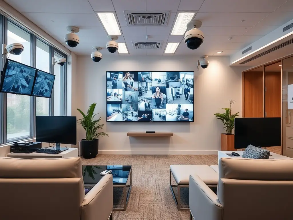 A modern office equipped with CCTV cameras and access control systems, highlighting comprehensive security measures.