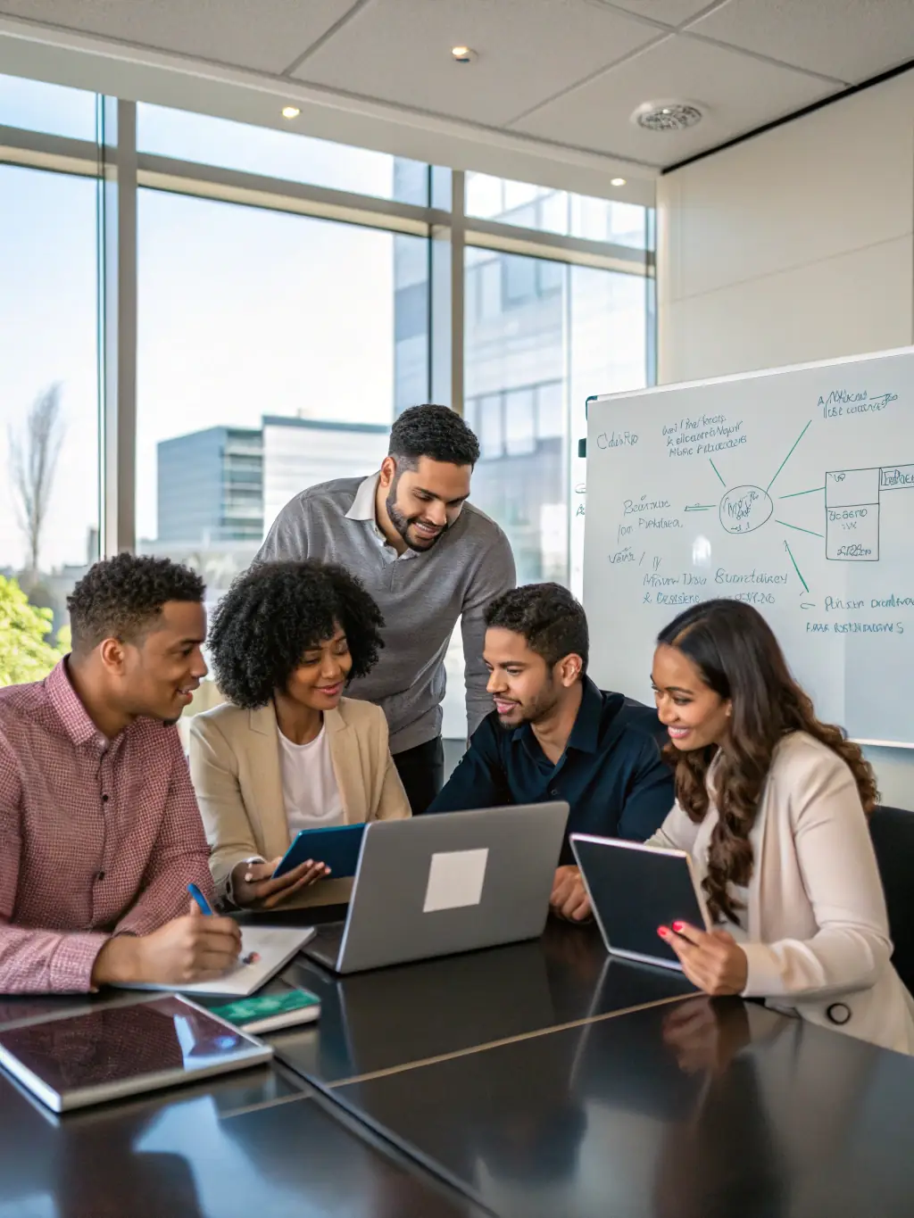 A diverse team of IT experts collaborating on a complex network design, reflecting Netexpress's tailored solutions approach.