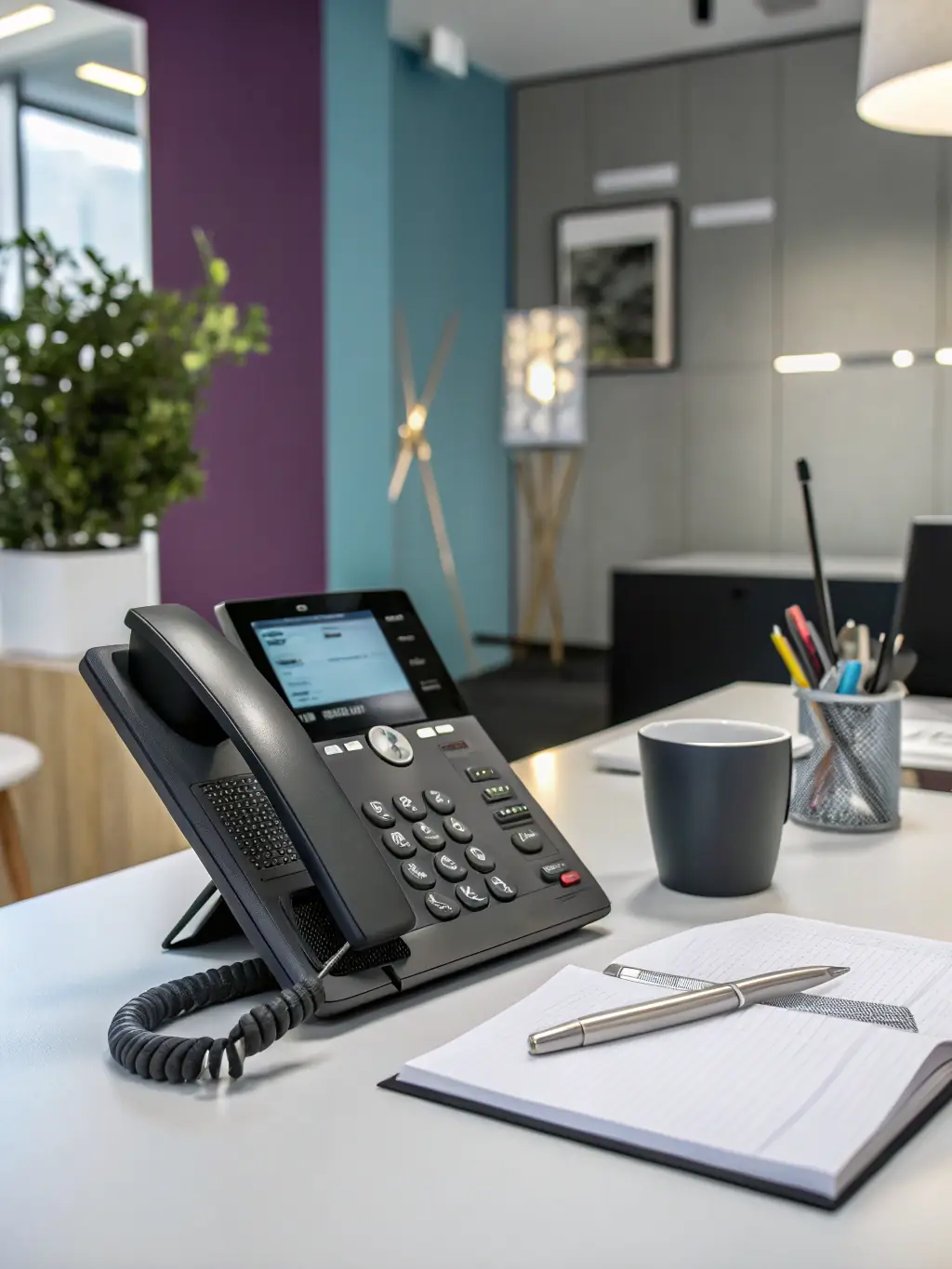 A modern office showcasing Mitel telephony systems with desk phones and video conferencing equipment, highlighting Netexpress's expertise in providing advanced communication solutions.