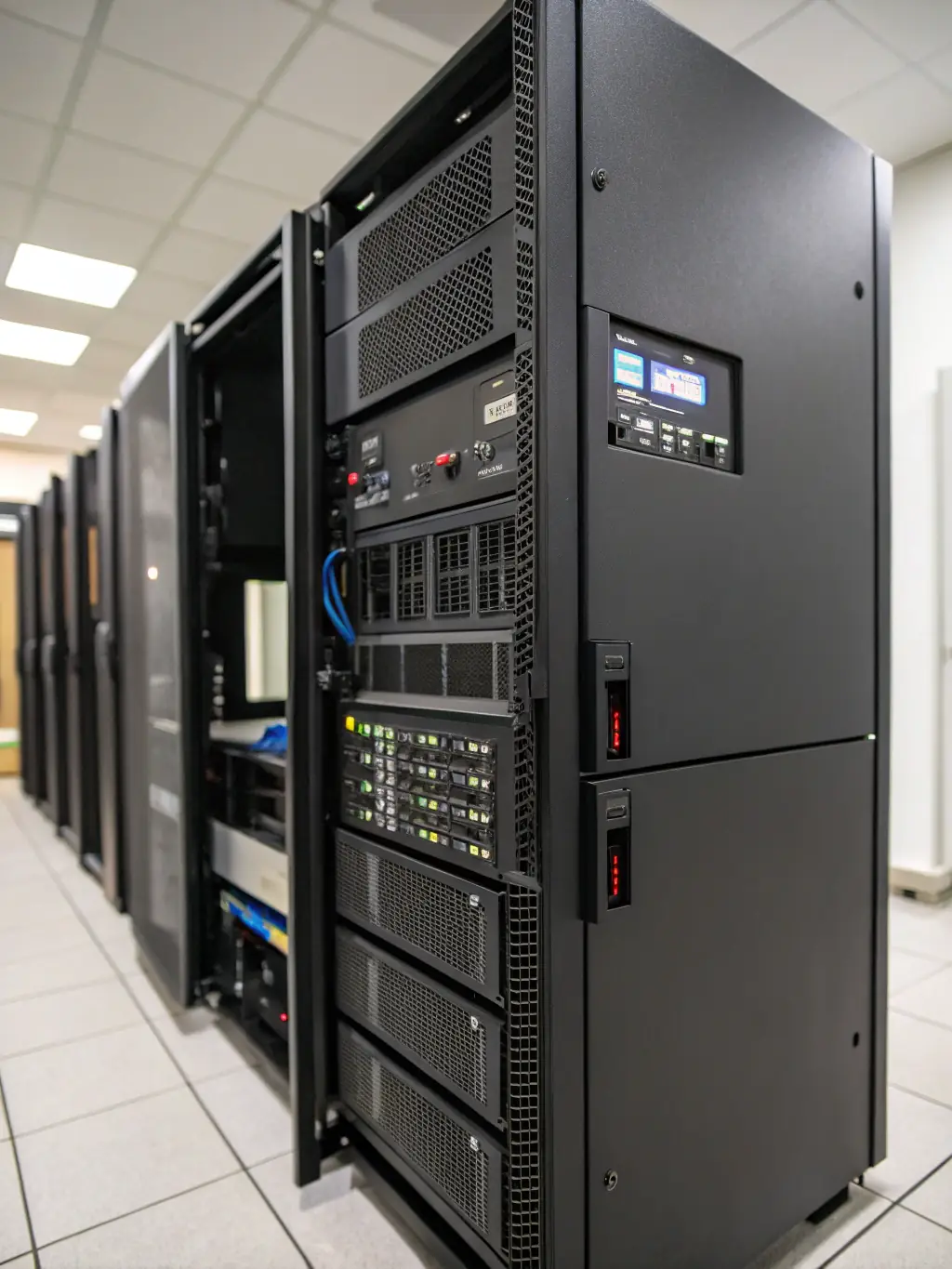 An APC UPS system installed in a server room, demonstrating power backup and protection for critical equipment.