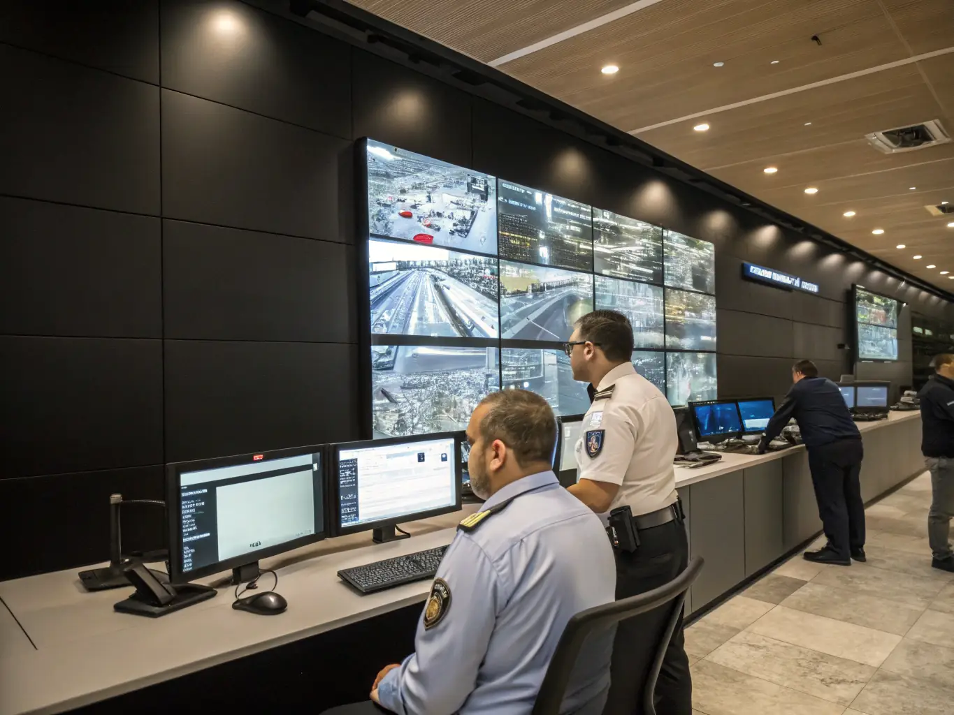 A security control room with multiple CCTV monitors displaying live feeds, highlighting Netexpress's capabilities in providing comprehensive security solutions.