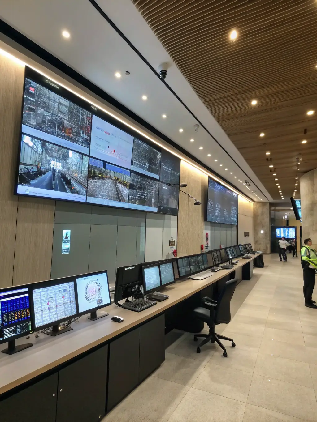 A modern office security setup with CCTV cameras and access control systems, emphasizing safety and surveillance.