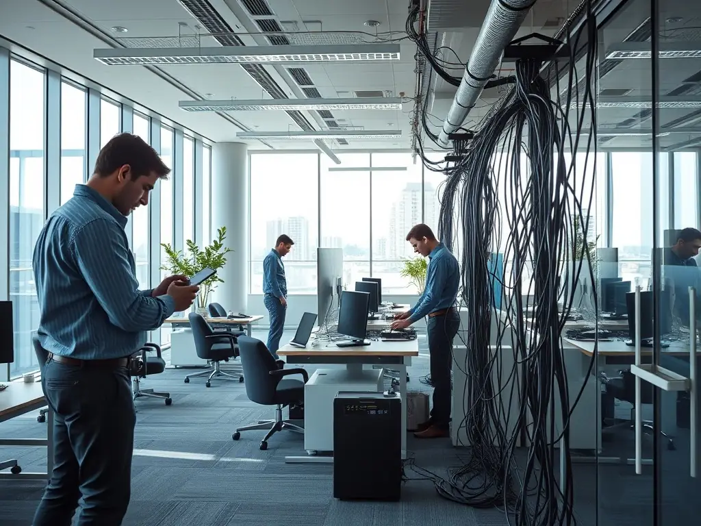 A modern office space with visible network cabling, representing Netexpress's expertise in providing structured cabling solutions for businesses in Dubai.